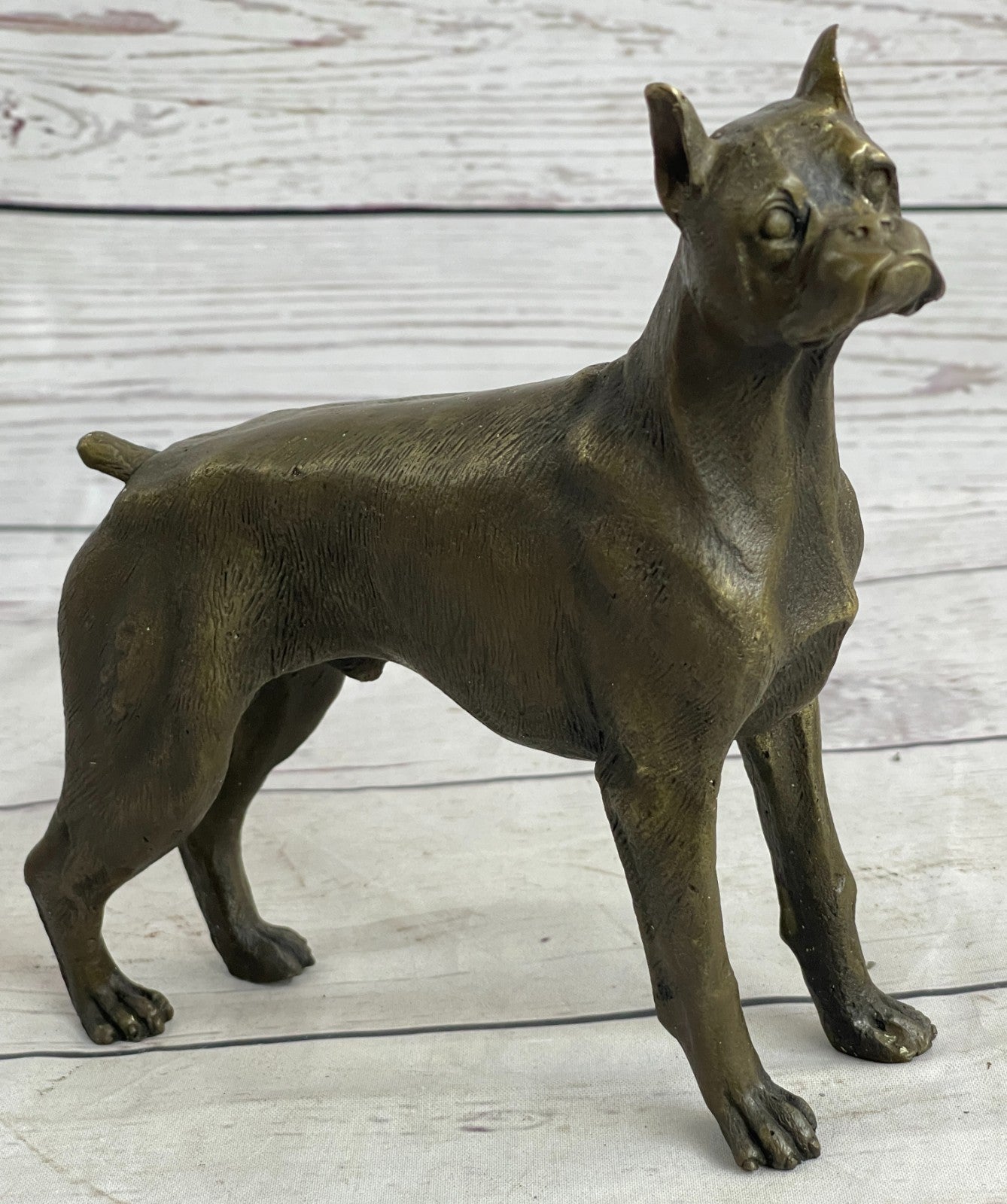 HANDSOME VINTAGE SIGNED MOIGNIEZ BRONZE BOXER DOG FIGURE STUDY w STONE BASE SALE