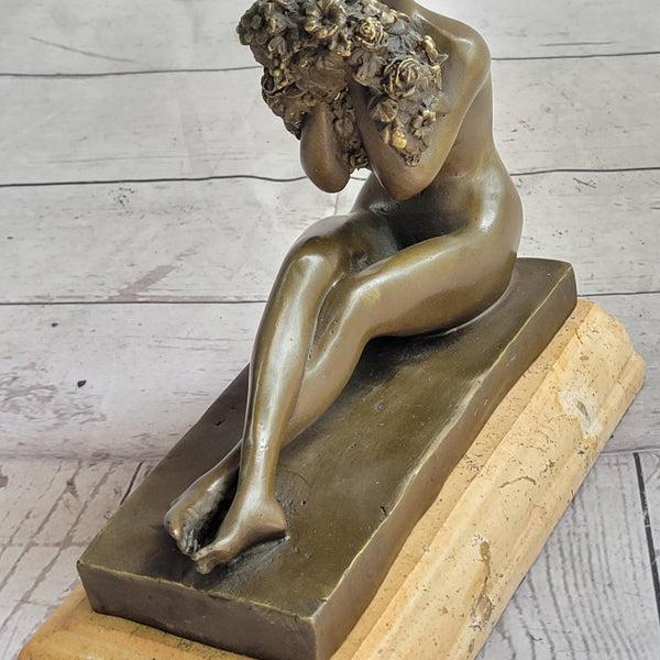 Sexy West Art Deco Sculpture Bronze Marble Nude Woman Belle Flower Gir