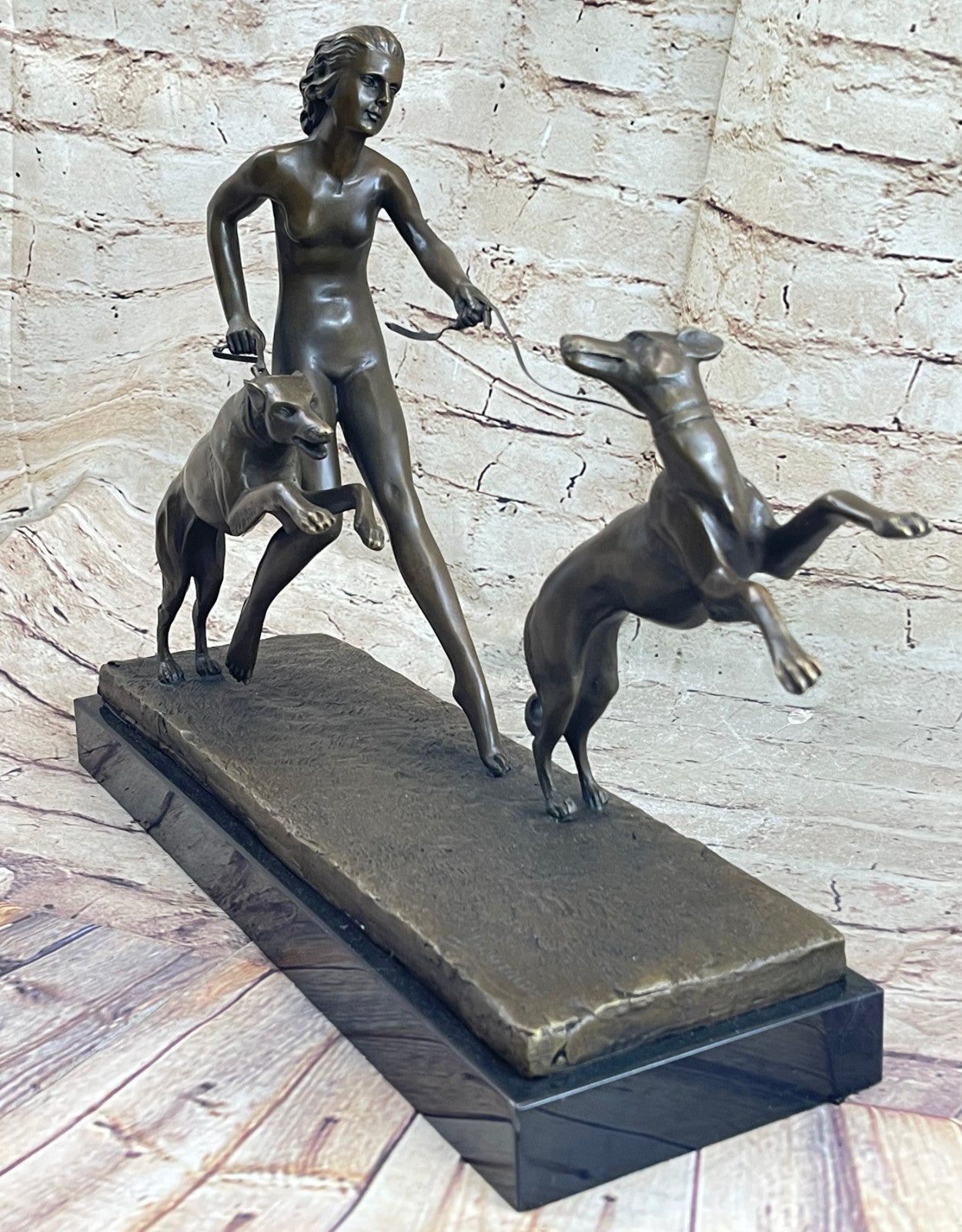 Large "A. Bouraine - The Hunt" Art Deco Bronze Figurine On Black Marble Base NR