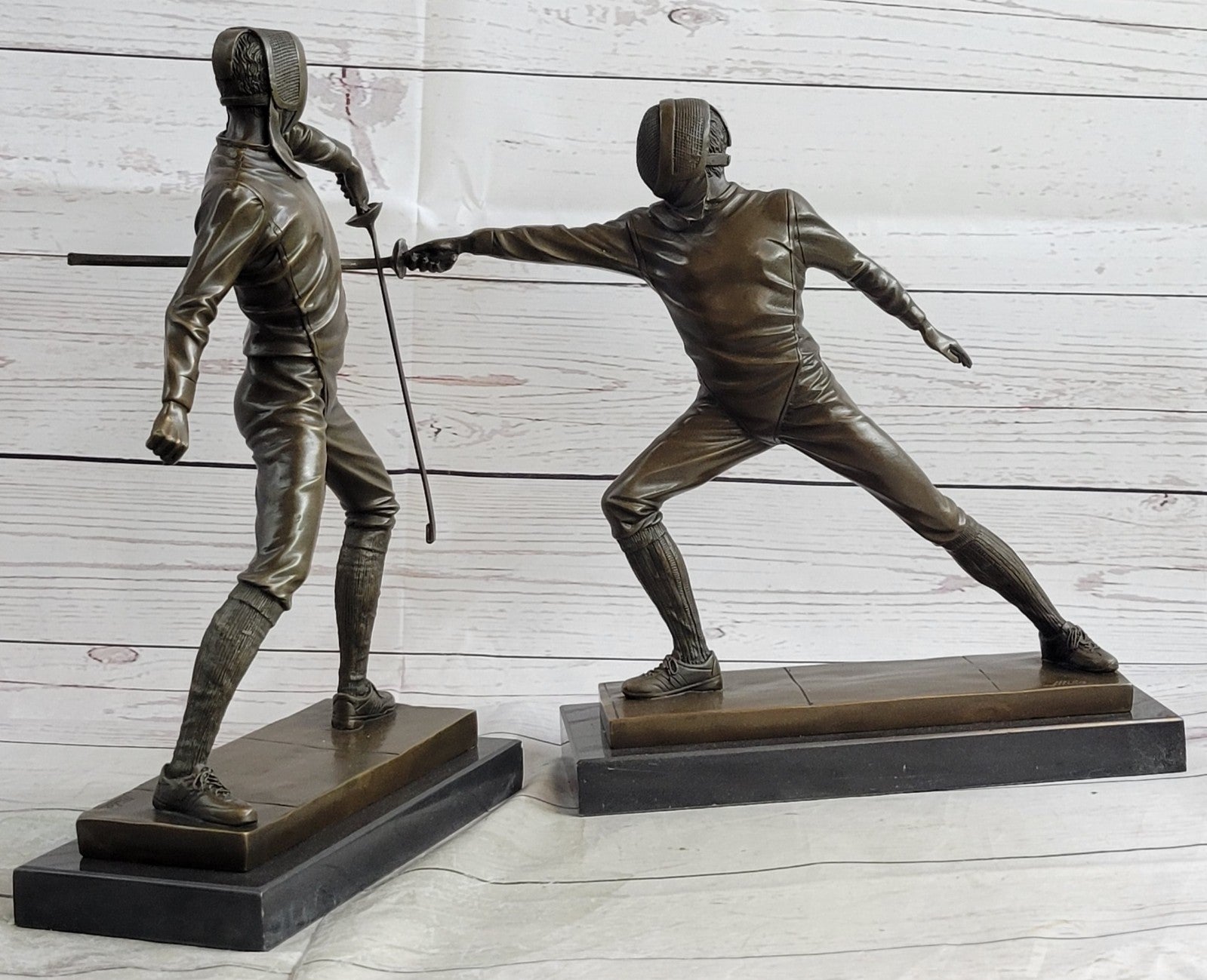 French Art Deco bronze sculpture of two male Detailed Fencer by Miguel Lopez Art