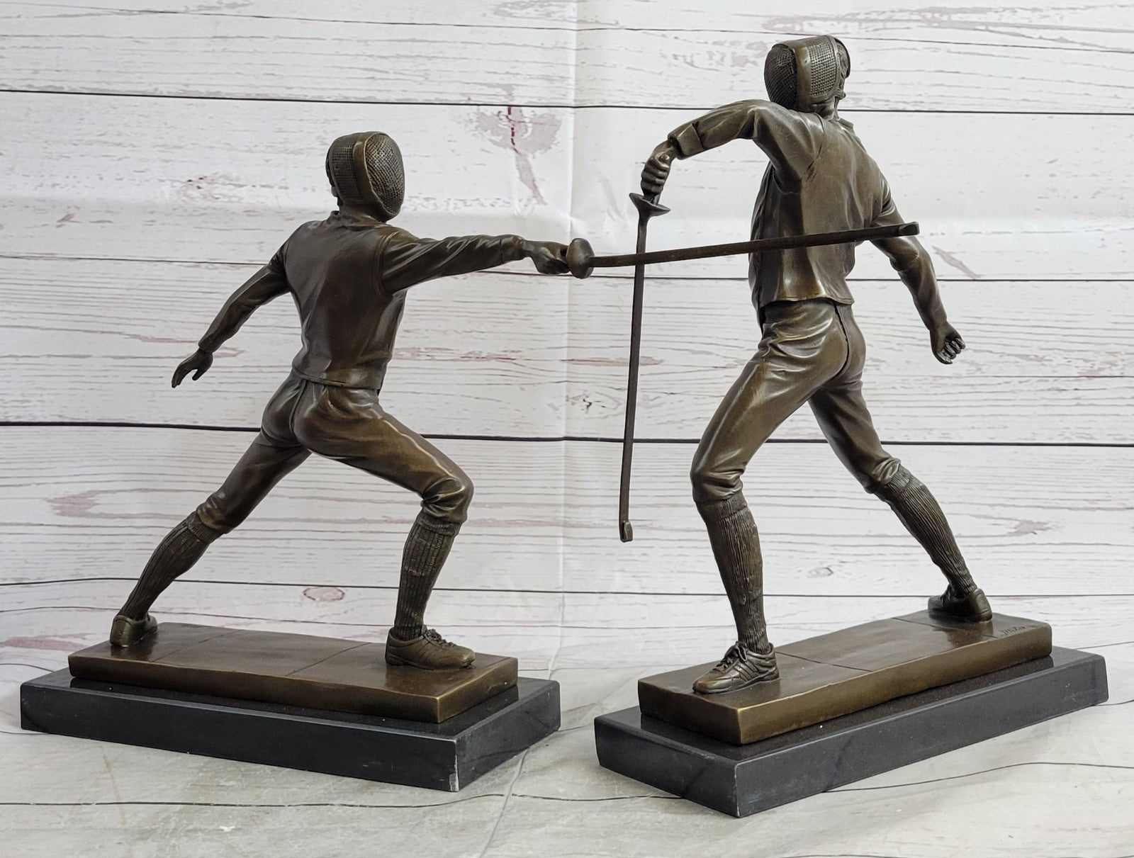 French Art Deco bronze sculpture of two male Detailed Fencer by Miguel Lopez Art