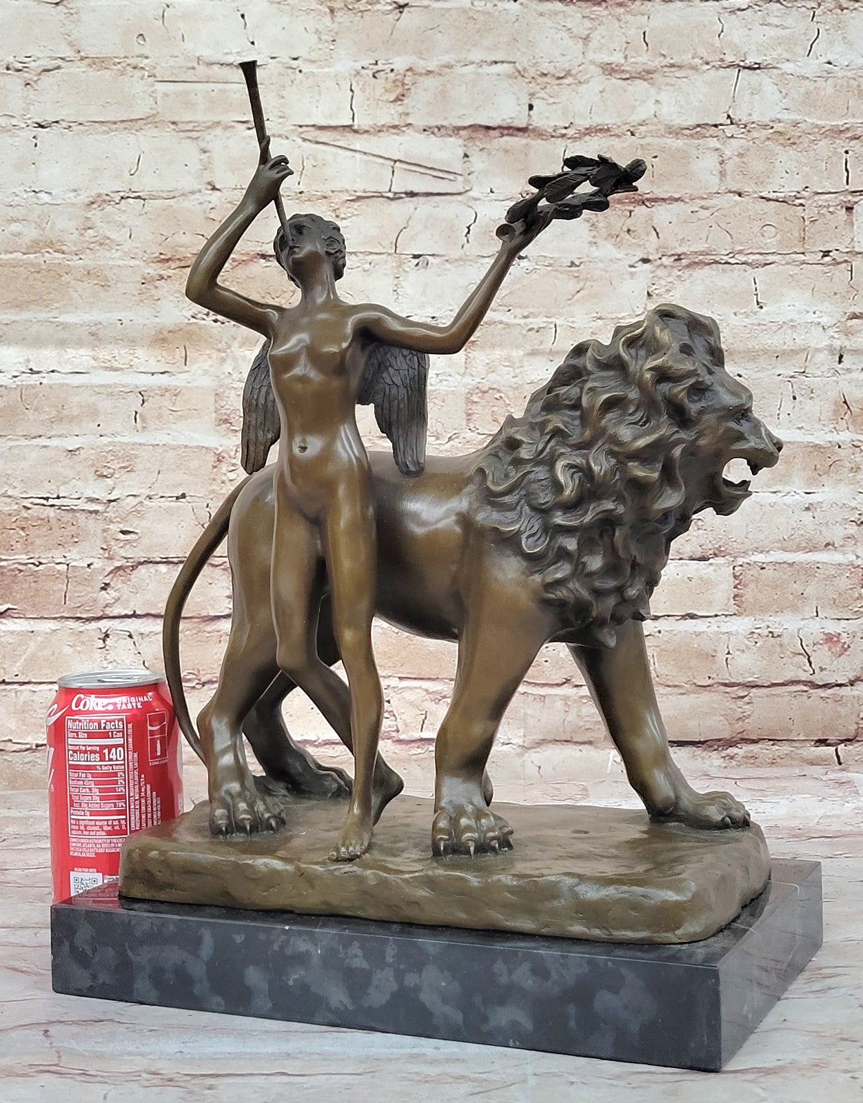 Handmade Sculpture by Aldo Vitaleh - Bronze Lion and Angel - Exquisite Art Deco Piece