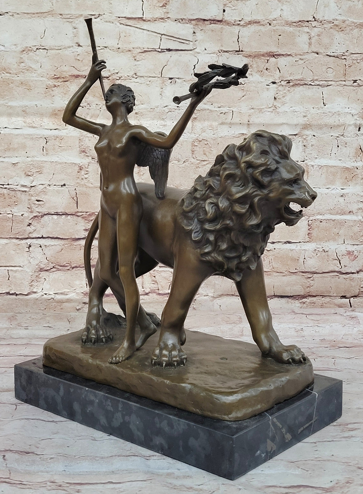 Handmade Sculpture by Aldo Vitaleh - Bronze Lion and Angel - Exquisite Art Deco Piece