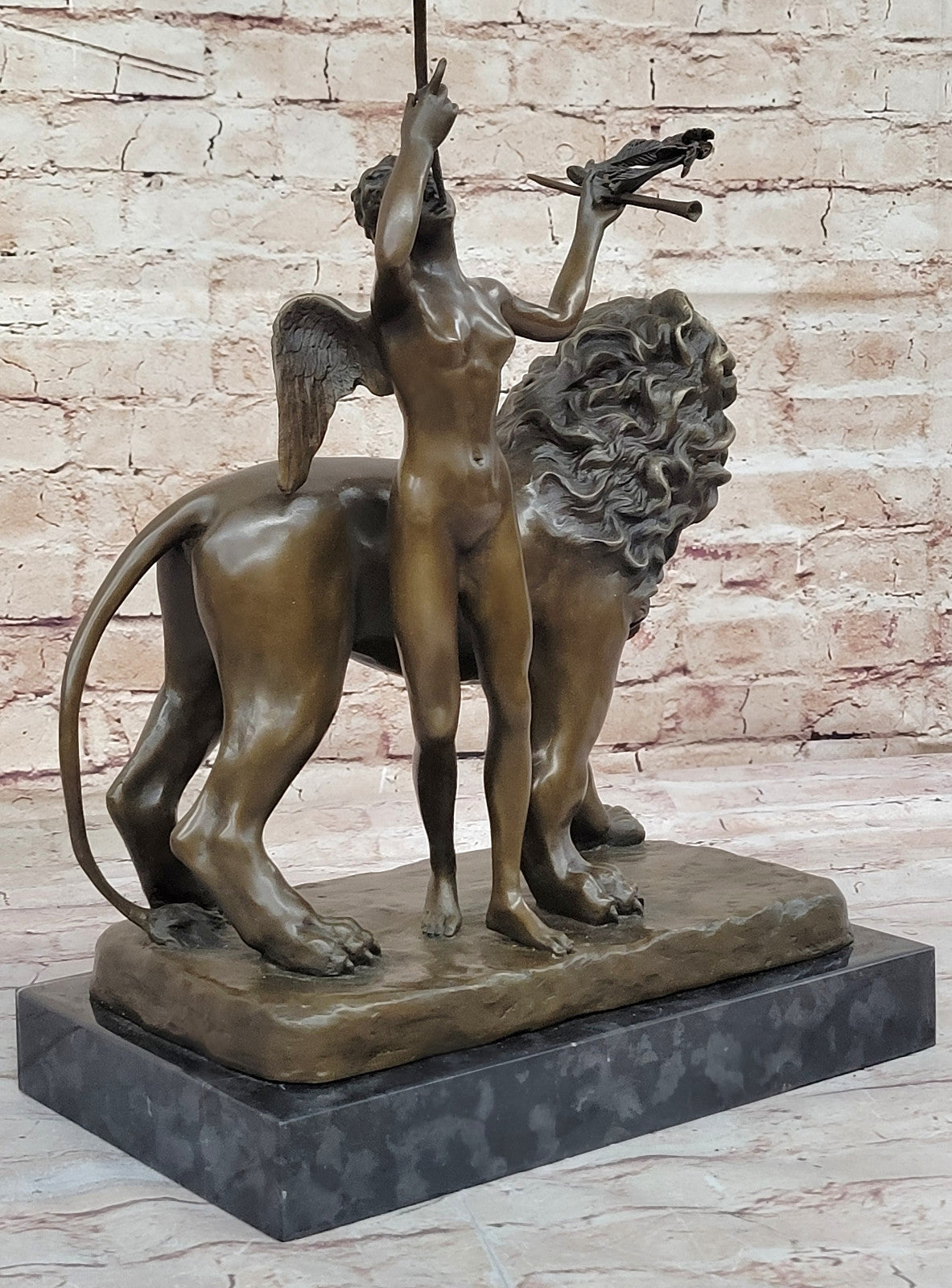 Handmade Sculpture by Aldo Vitaleh - Bronze Lion and Angel - Exquisite Art Deco Piece