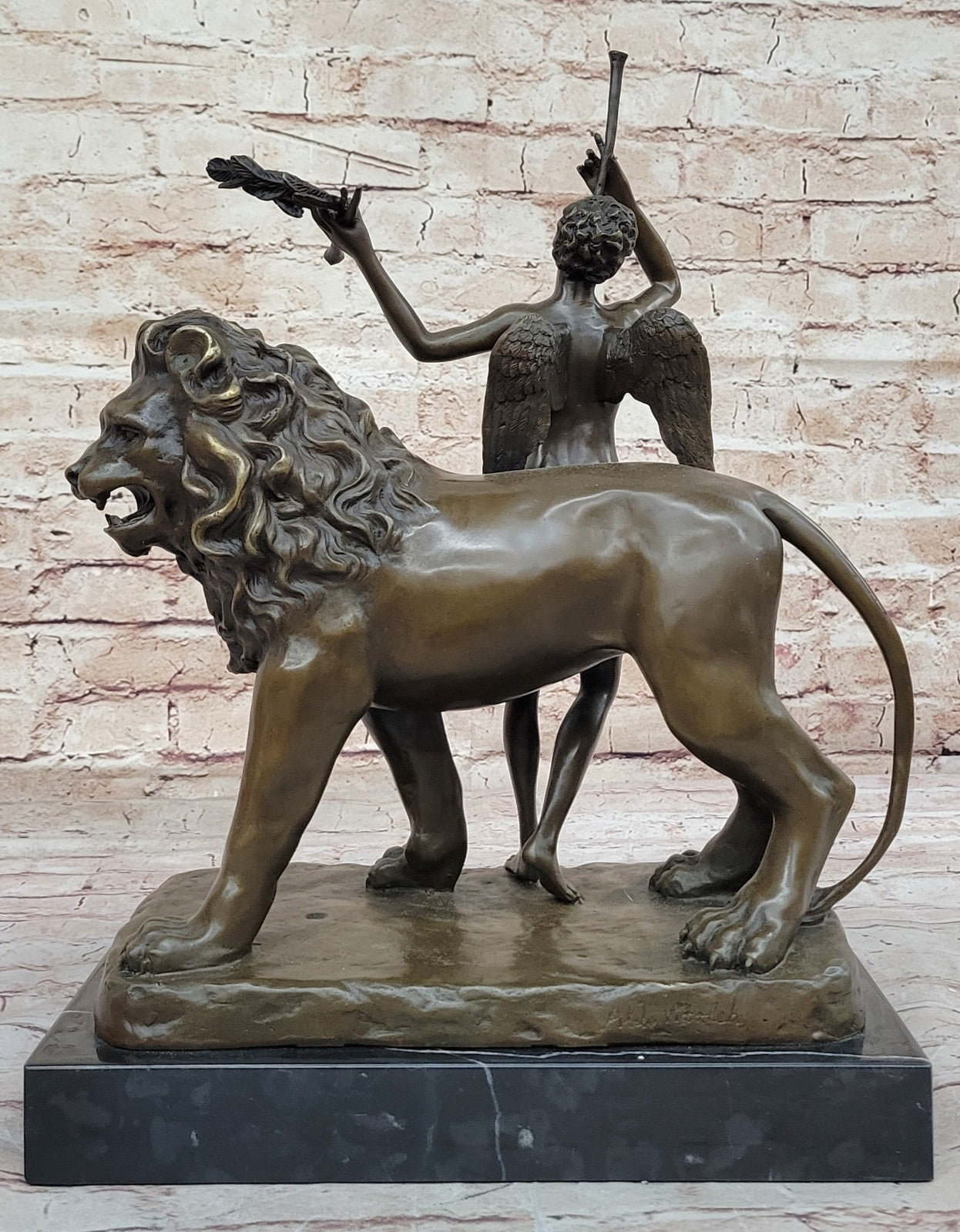 Handmade Sculpture by Aldo Vitaleh - Bronze Lion and Angel - Exquisite Art Deco Piece