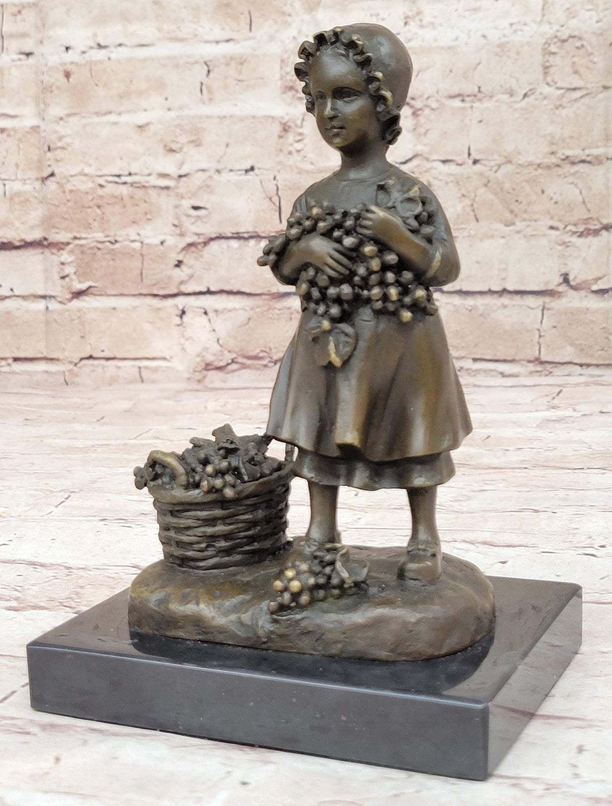 Western Bronze Marble Cute Girl Kid Child with Basket Art Deco Sculpture Statue