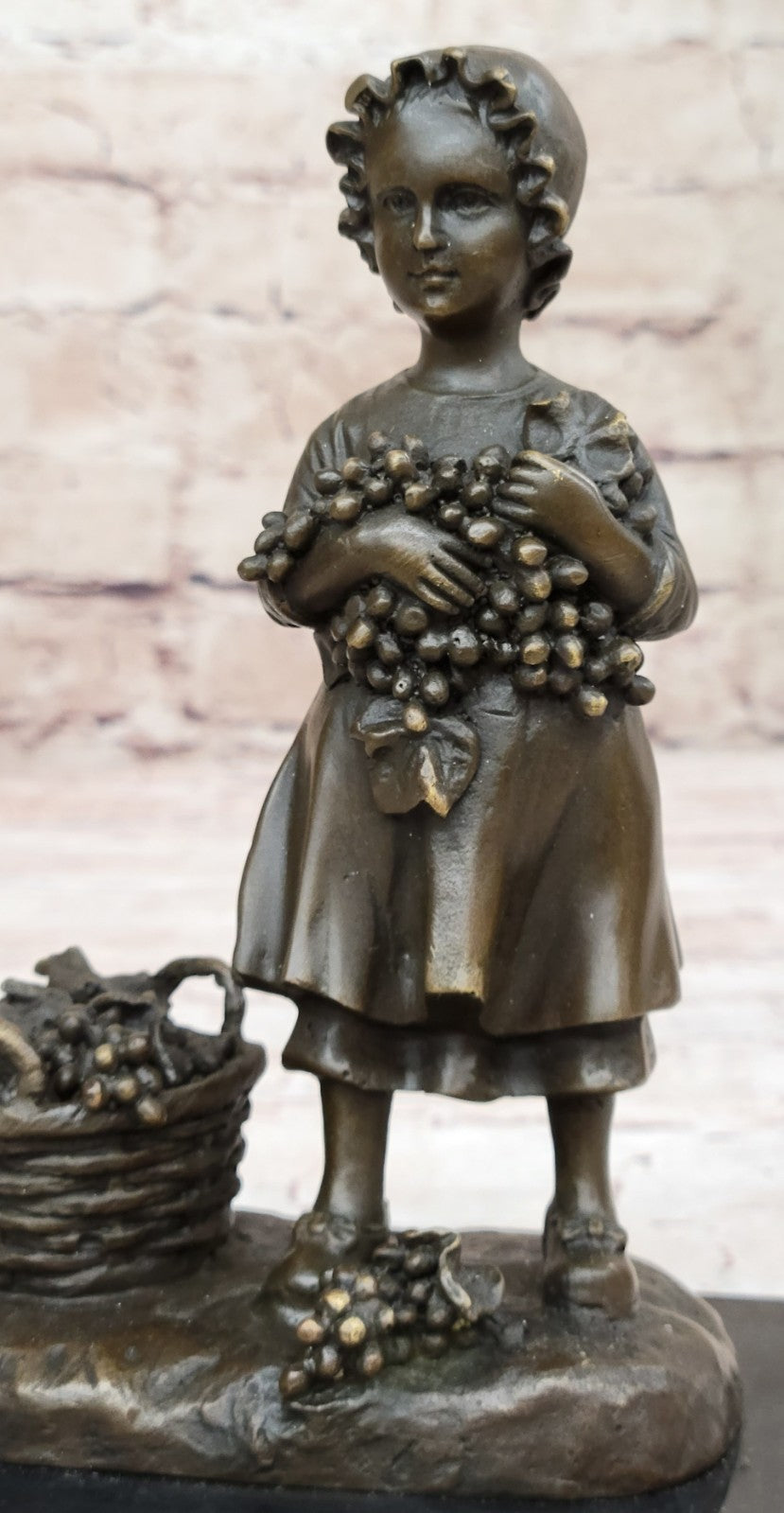 Western Bronze Marble Cute Girl Kid Child with Basket Art Deco Sculpture Statue