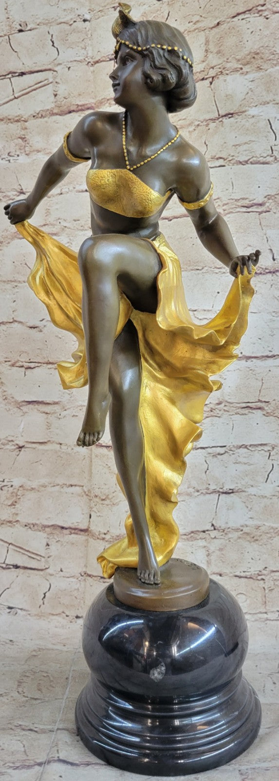 Art Nouveau Deco Gypsy Gold Patina Dancer Bronze Sculpture Marble Statue