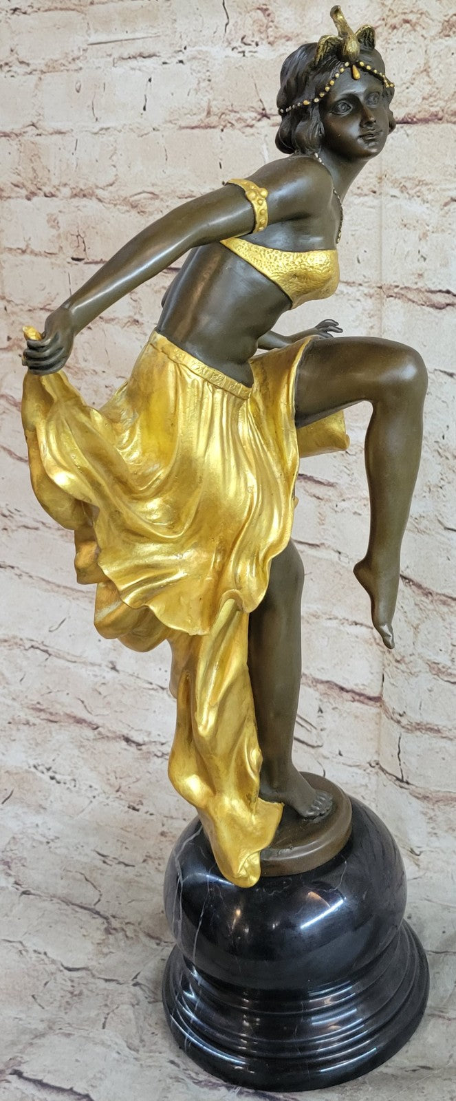 Art Nouveau Deco Gypsy Gold Patina Dancer Bronze Sculpture Marble Statue