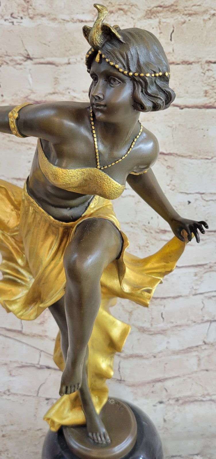 Art Nouveau Deco Gypsy Gold Patina Dancer Bronze Sculpture Marble Statue