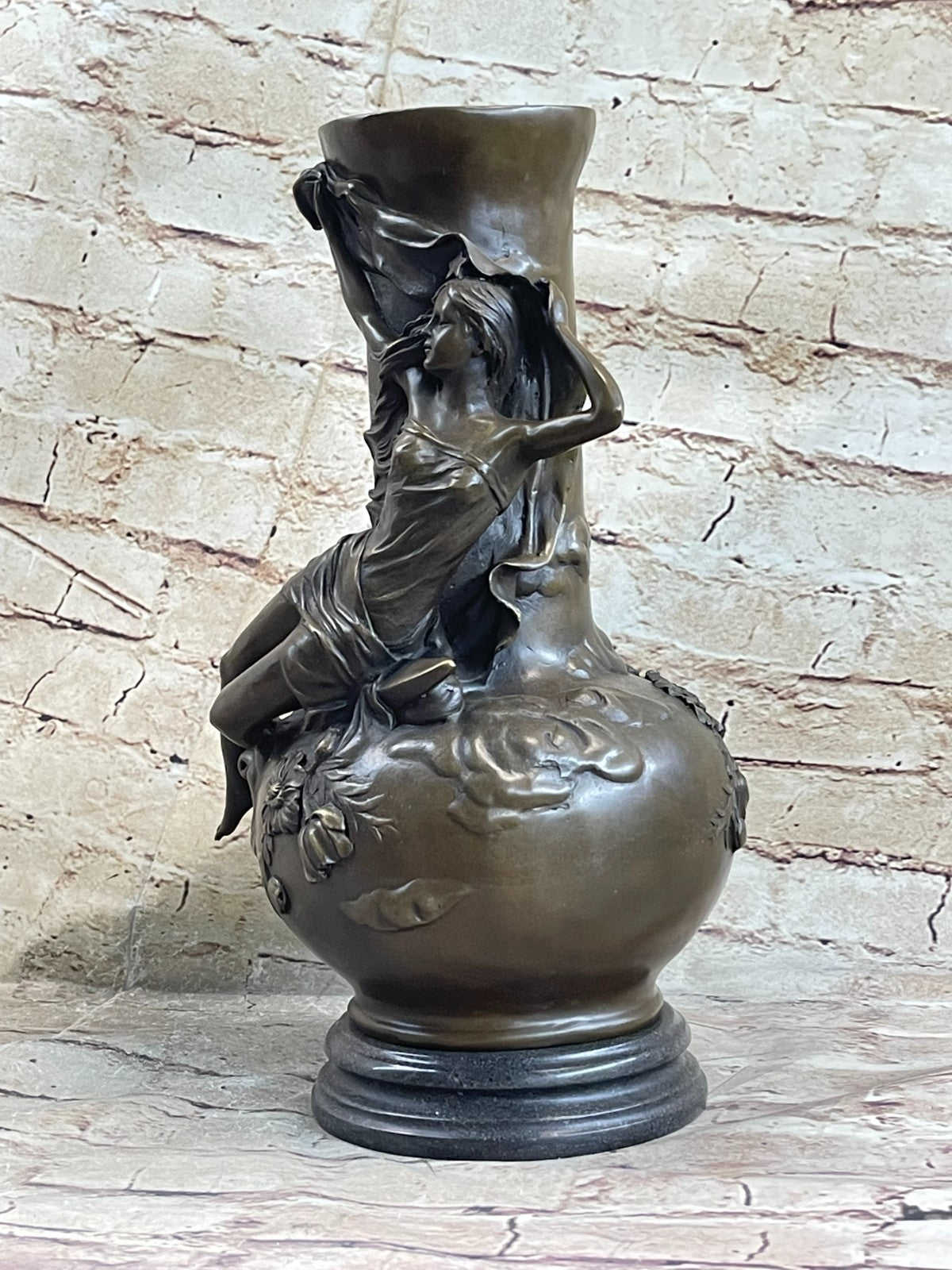 Signed ~Moreau~Sexy Girls Bronze Vase Statue Sculpture Hot Cast Marble Figurine