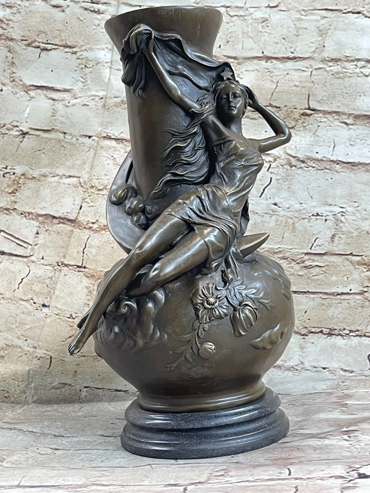 Signed ~Moreau~Sexy Girls Bronze Vase Statue Sculpture Hot Cast Marble Figurine