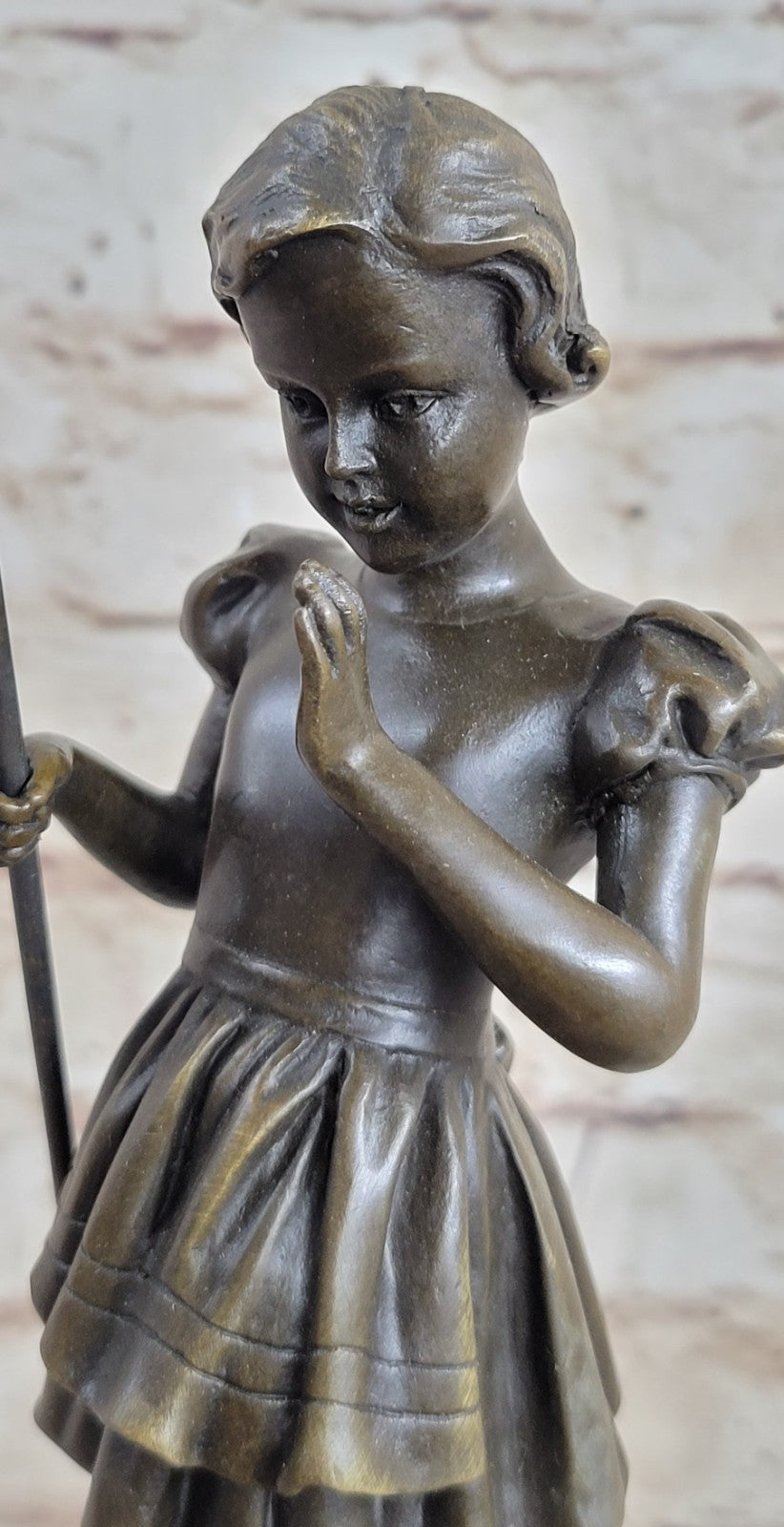 Figurine of Young Girl Fishing Hot Cast Bronze Art Sculpture Green Marble Base