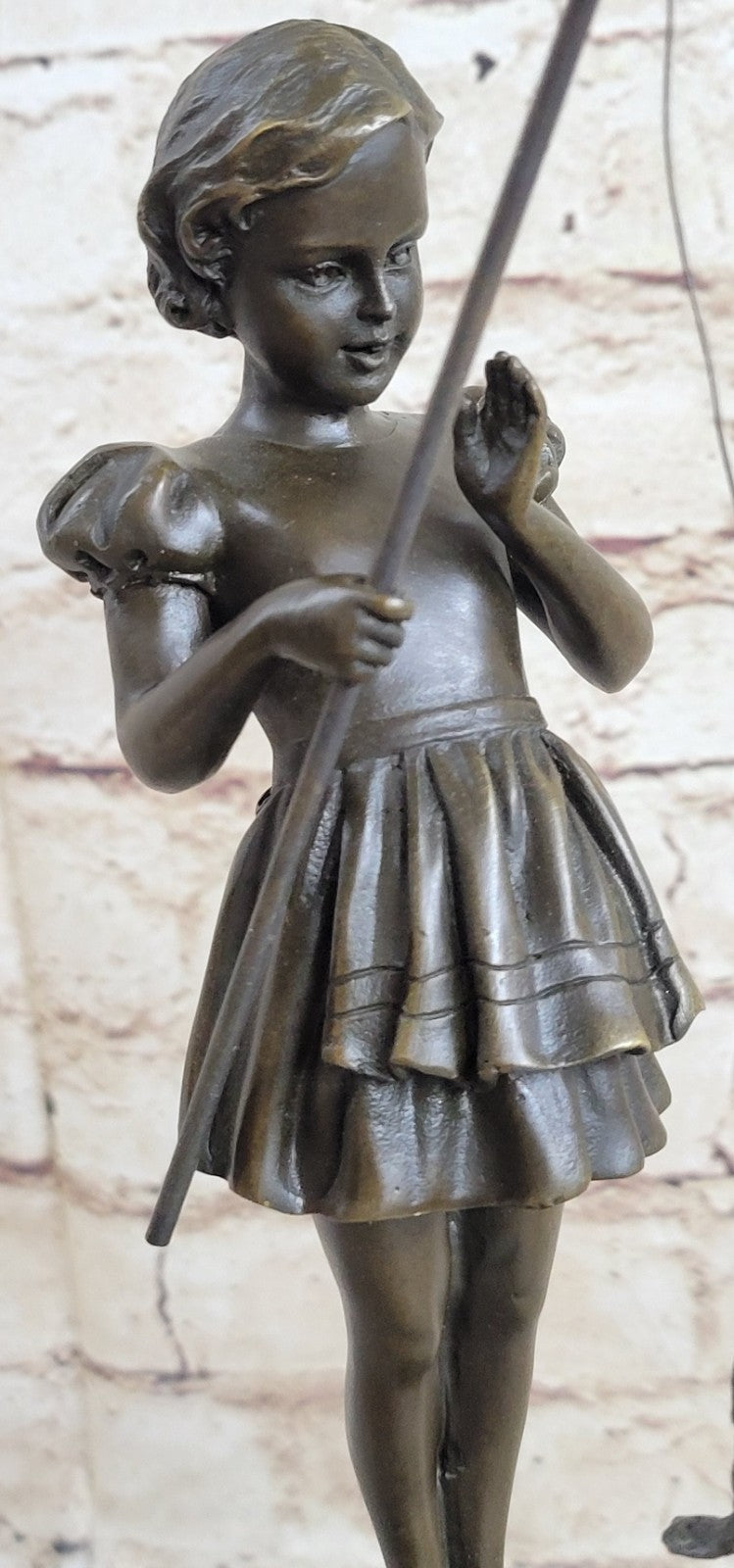 Figurine of Young Girl Fishing Hot Cast Bronze Art Sculpture Green Marble Base