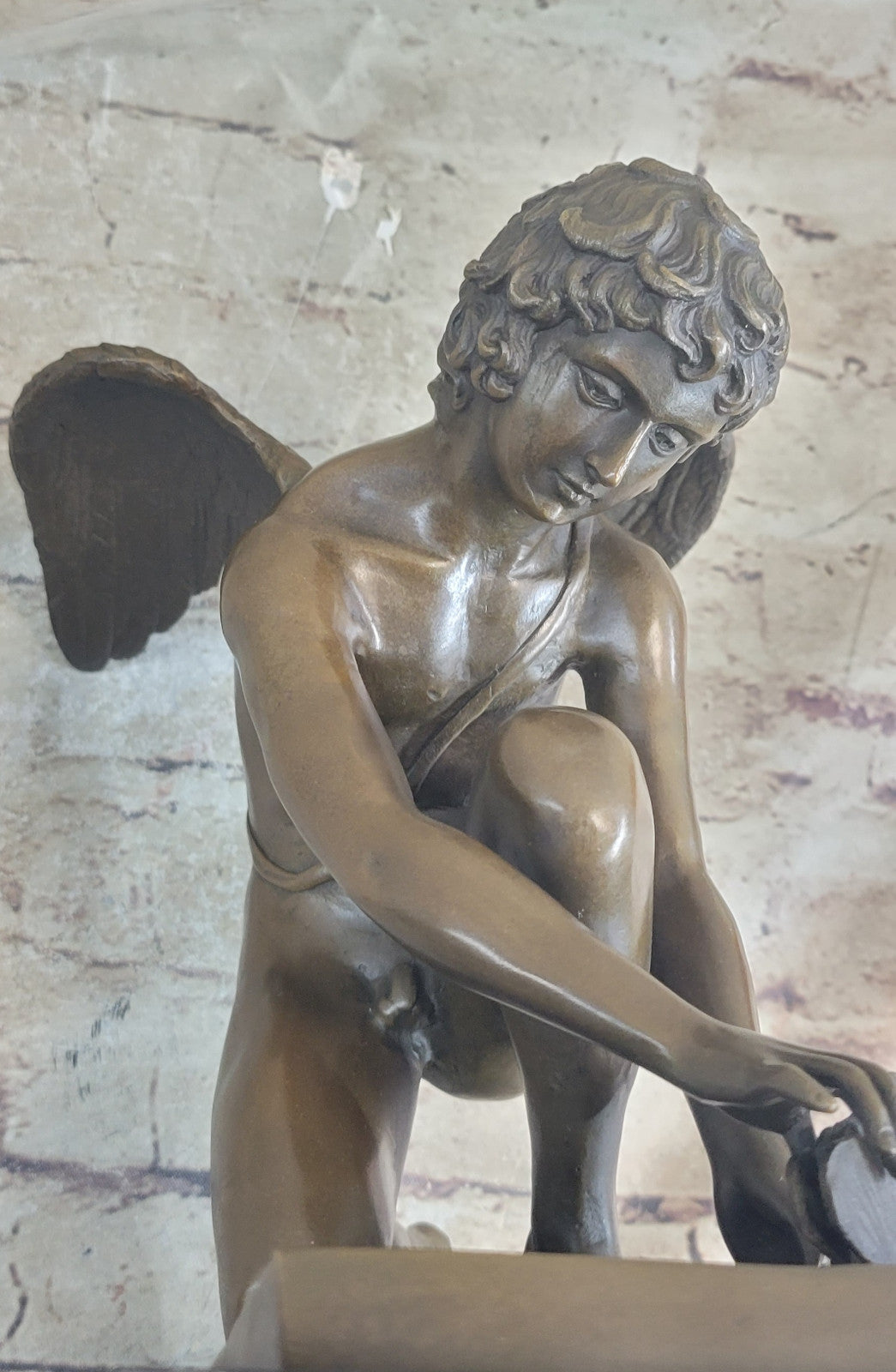 NUDE MALE GUARDIAN ANGEL Winged Sculpture Statue Antique 100% Real Bronze