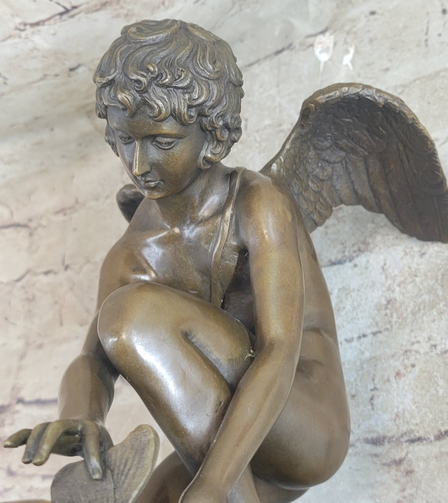 NUDE MALE GUARDIAN ANGEL Winged Sculpture Statue Antique 100% Real Bronze