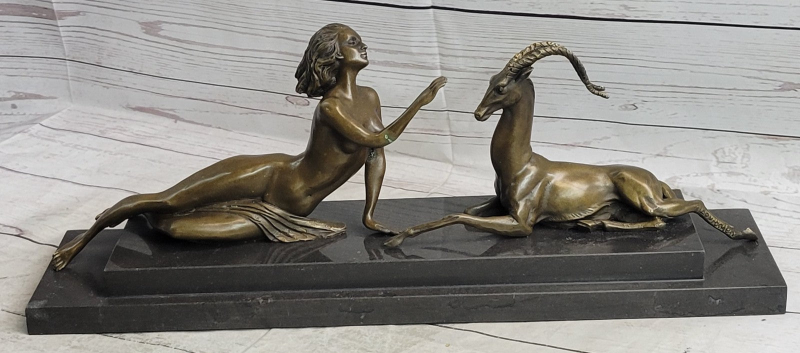 Bronze Sculpture Nude Girl w Goat Animal Lovers Classic Artwork by Vitaleh Aldo