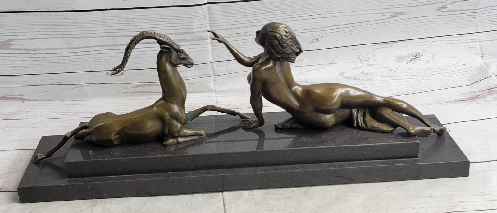 Bronze Sculpture Nude Girl w Goat Animal Lovers Classic Artwork by Vitaleh Aldo