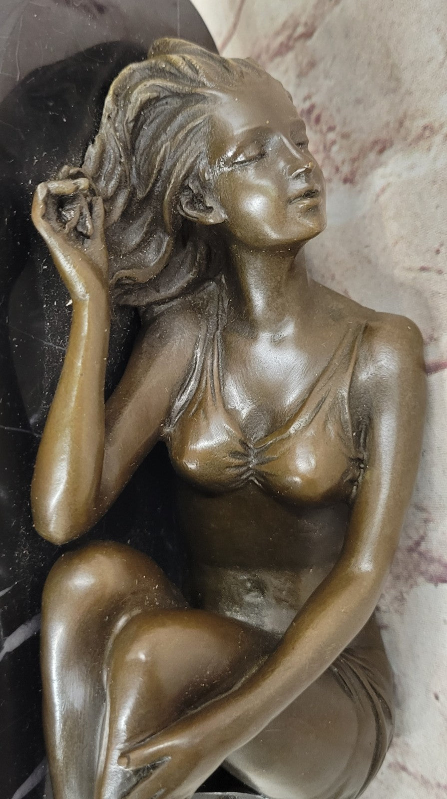 Naked Female Sun Bathing Bronze Sculpture Marble Nude Figurine Figure