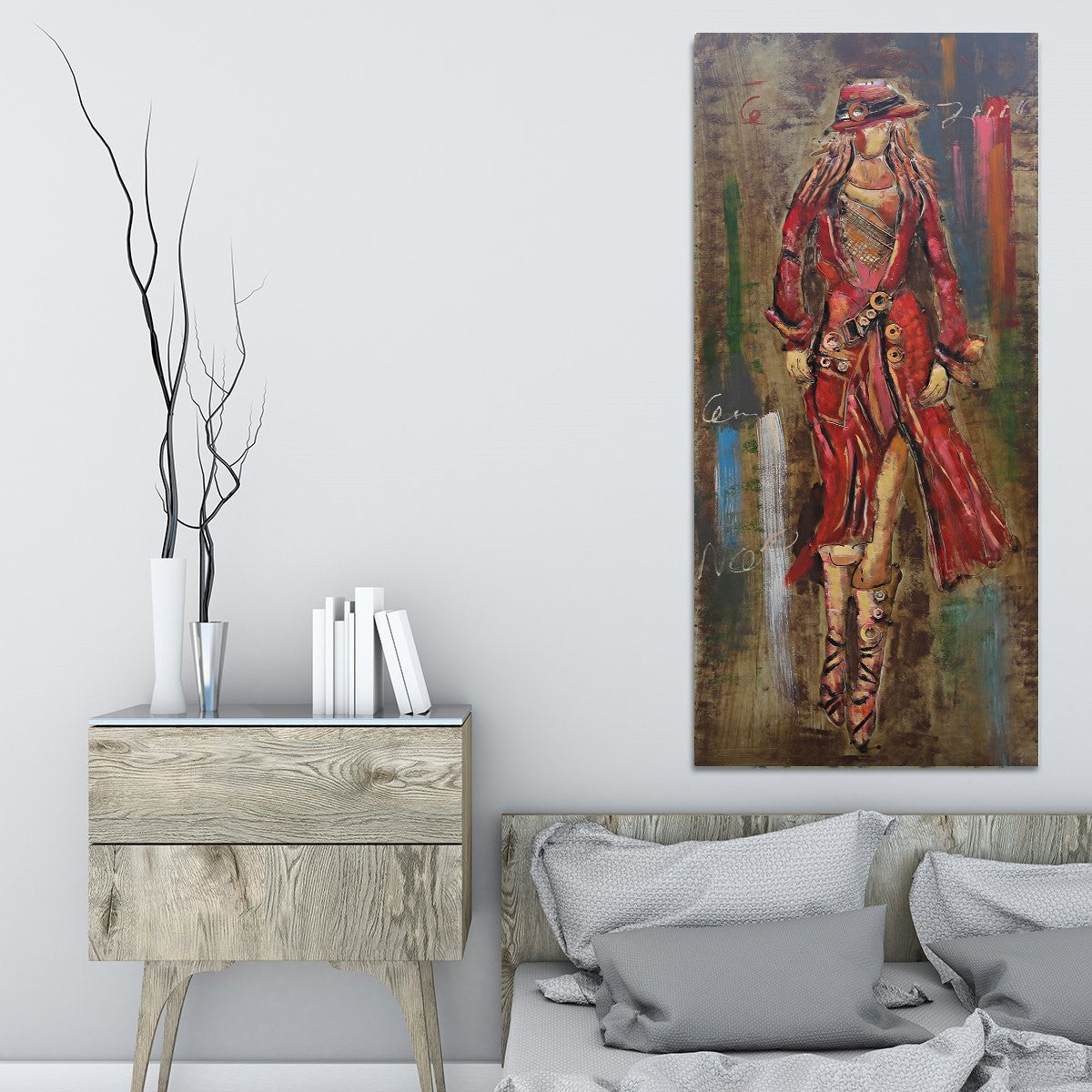 Woman in Red  Oil Painting Abstract Girl Wall Art with Booth and Hat Statue