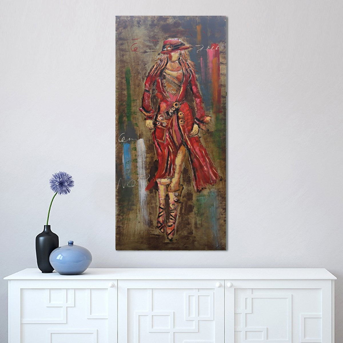 Woman in Red  Oil Painting Abstract Girl Wall Art with Booth and Hat Statue