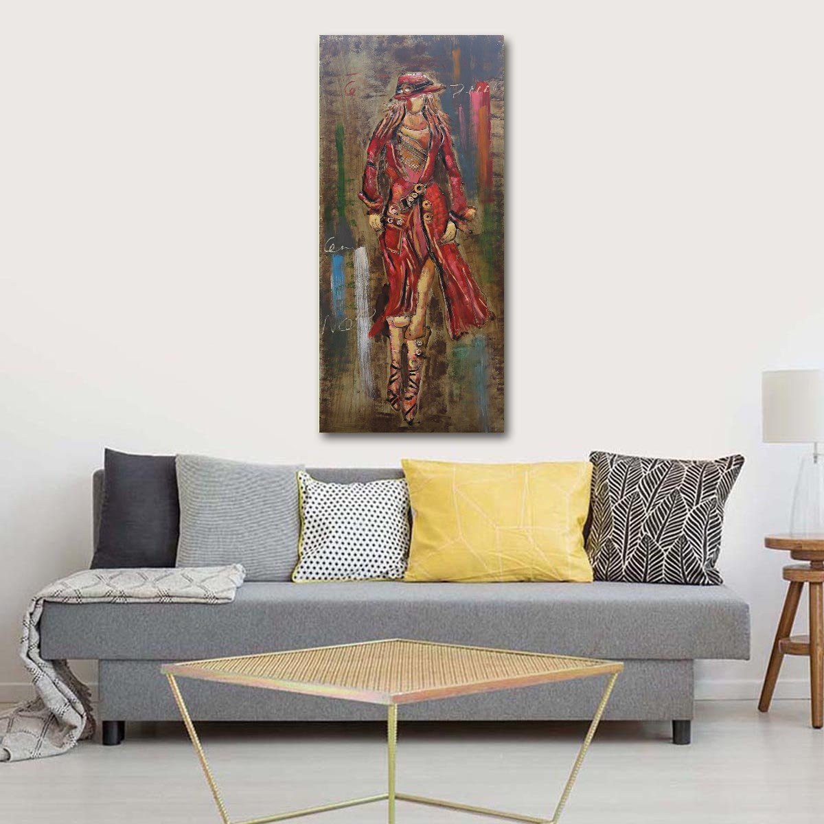 Woman in Red  Oil Painting Abstract Girl Wall Art with Booth and Hat Statue