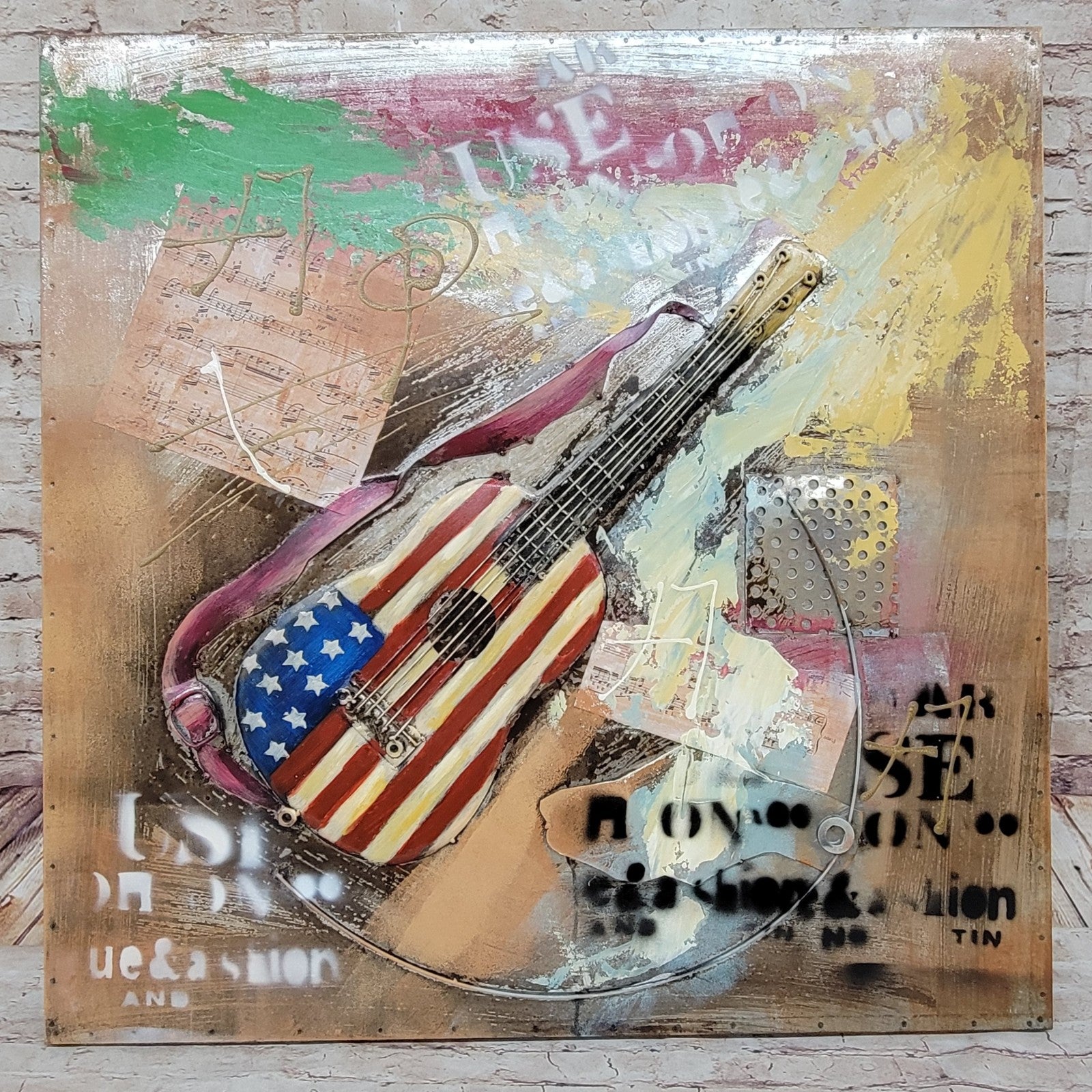 Unique Classic Artwork American Flag Guitar 3-D Metal Canvas Painting