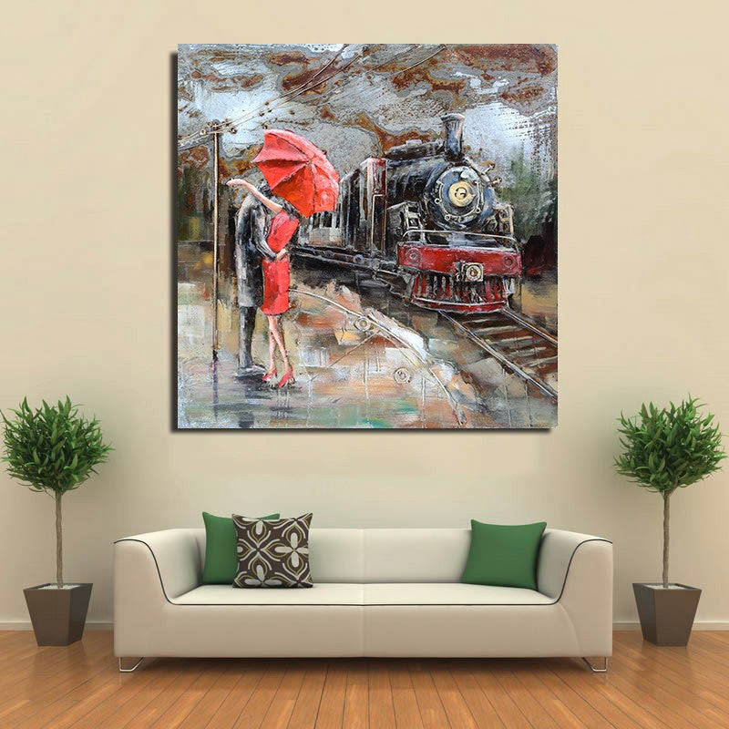 Peinture métal art 3D - décoration murale - train - couple