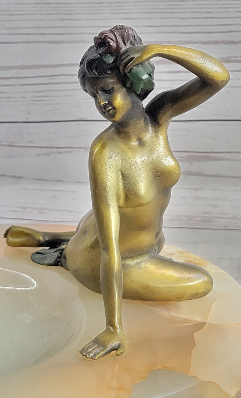 Milo Art Deco Nude Lady Bronze Ashtray Onyx Base Erotic Female Sculptu