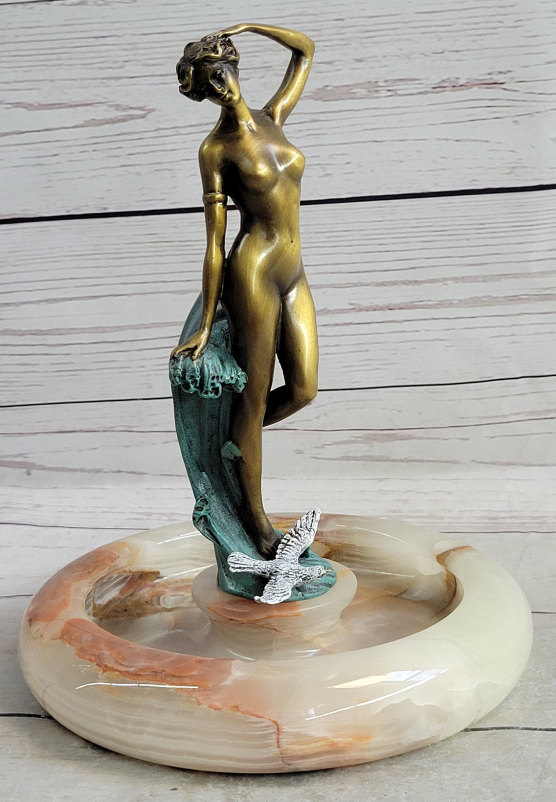 Miguel Lopez Original Nude Girl Onyx Base Bronze Ashtray Art Deco Sculpture