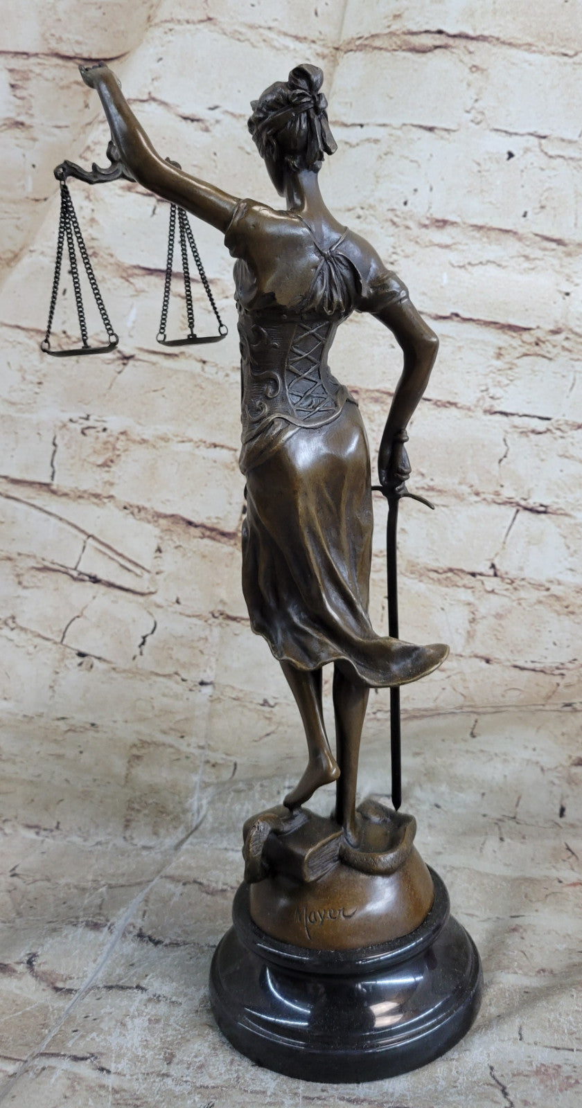 Real Bronze Metal Statue with Marble Lady Blind Justice Scales Lawyer Sculpture