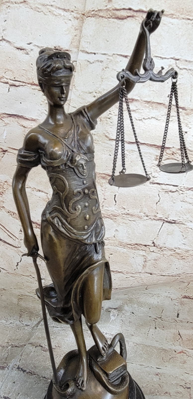 Real Bronze Metal Statue with Marble Lady Blind Justice Scales Lawyer Sculpture