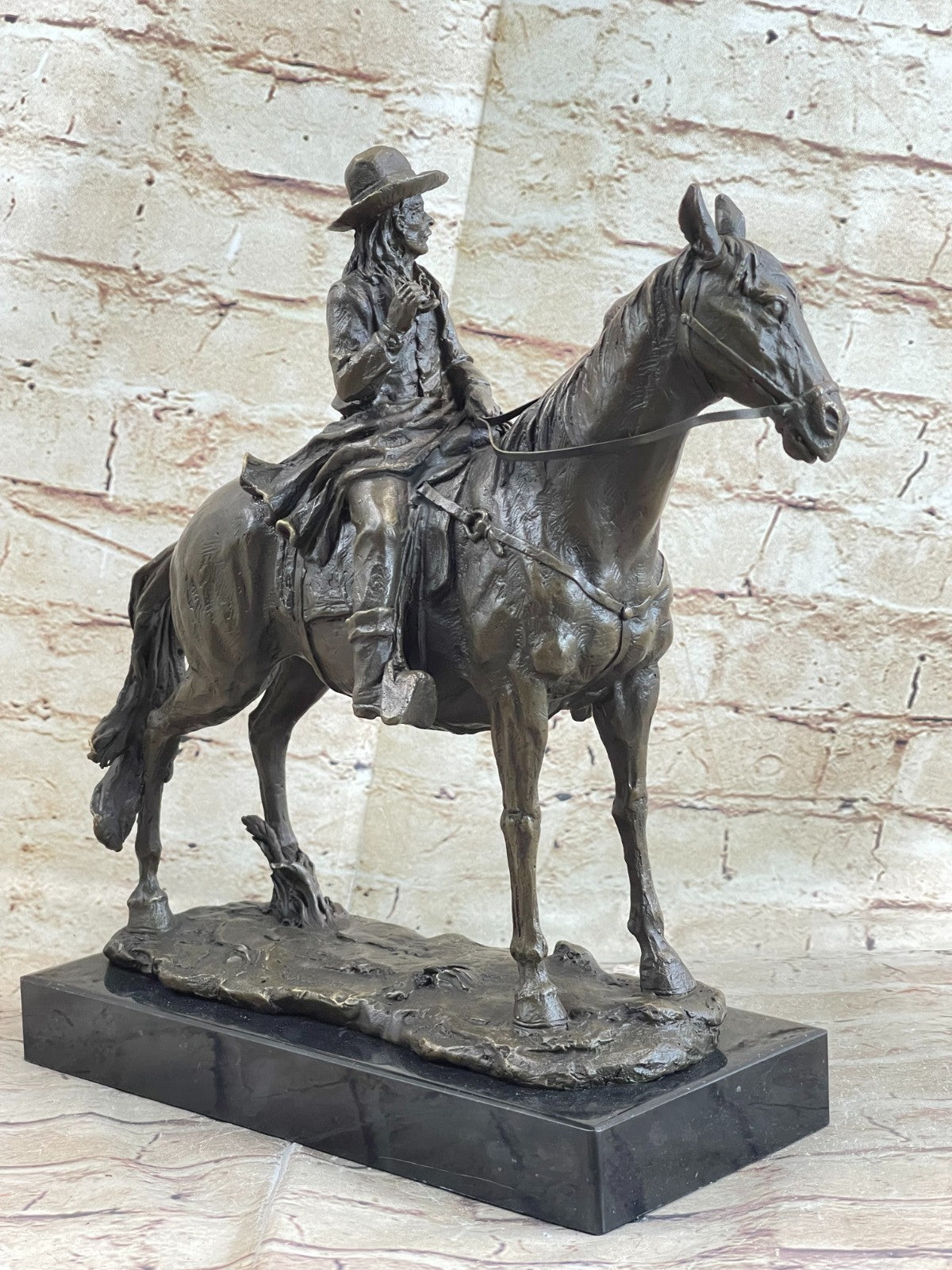 Signed Western Cowboy with Gorgeous Horse Bronze Statue Art Decor Wild West