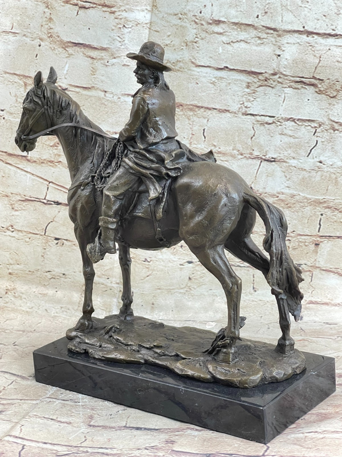 Signed Western Cowboy with Gorgeous Horse Bronze Statue Art Decor Wild West