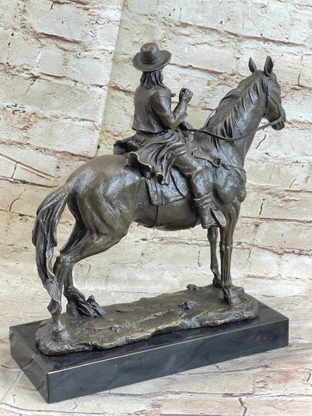 Signed Western Cowboy with Gorgeous Horse Bronze Statue Art Decor Wild West