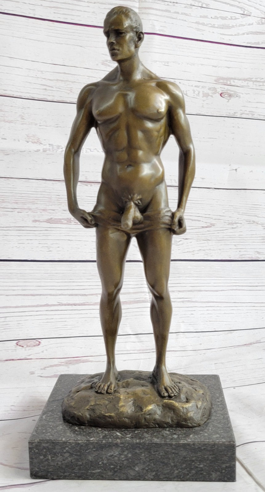 Signed Handcrafted Depict of Nude Gay Man Bronze Sculpture Marble Base Figurine