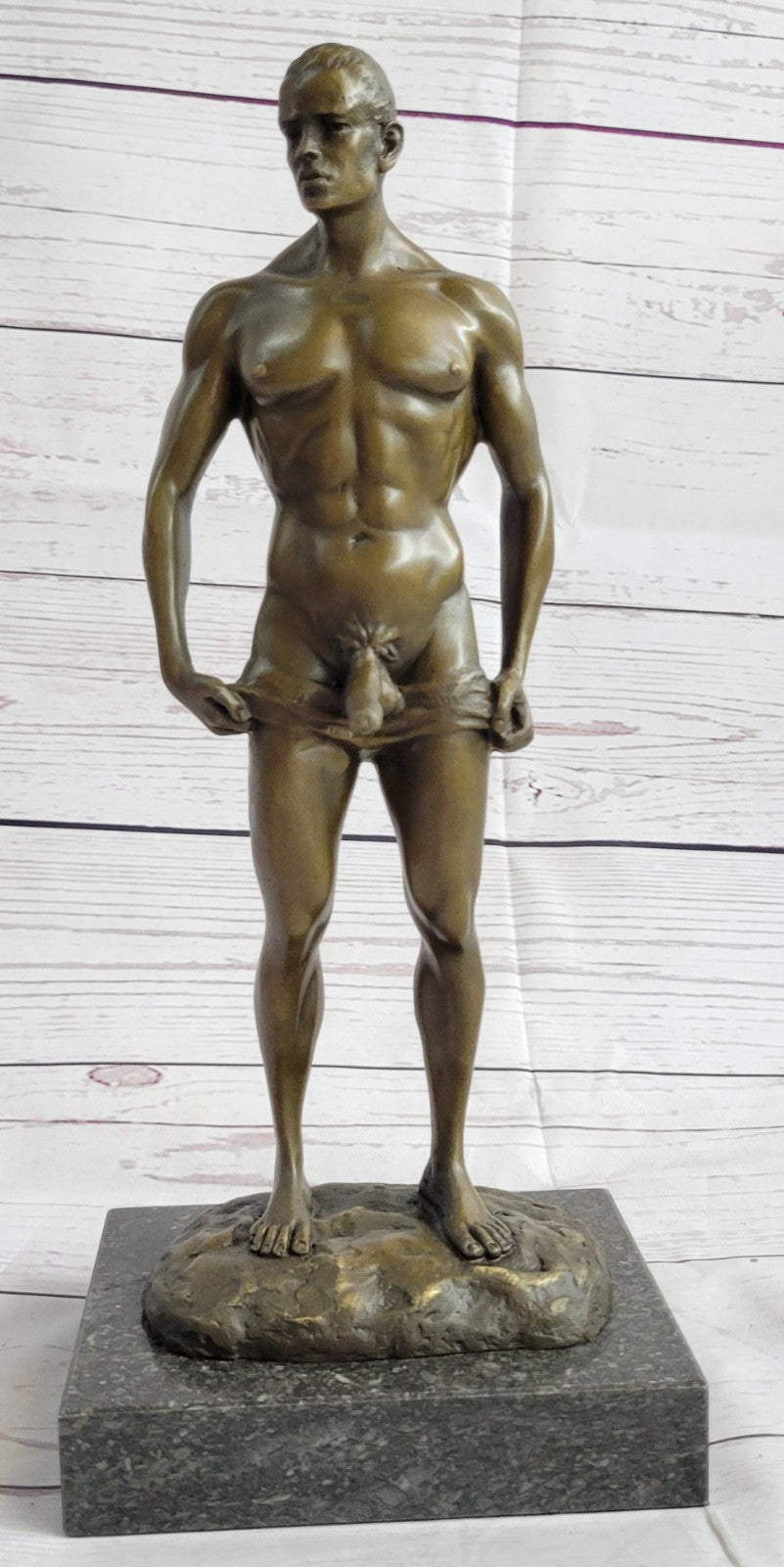 Signed Handcrafted Depict of Nude Gay Man Bronze Sculpture Marble Base Figurine