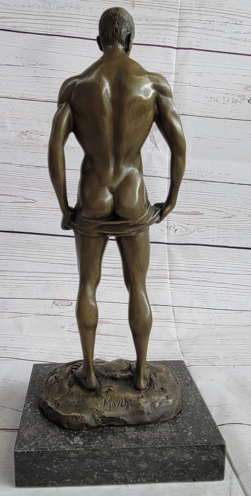 Signed Handcrafted Depict of Nude Gay Man Bronze Sculpture Marble Base Figurine