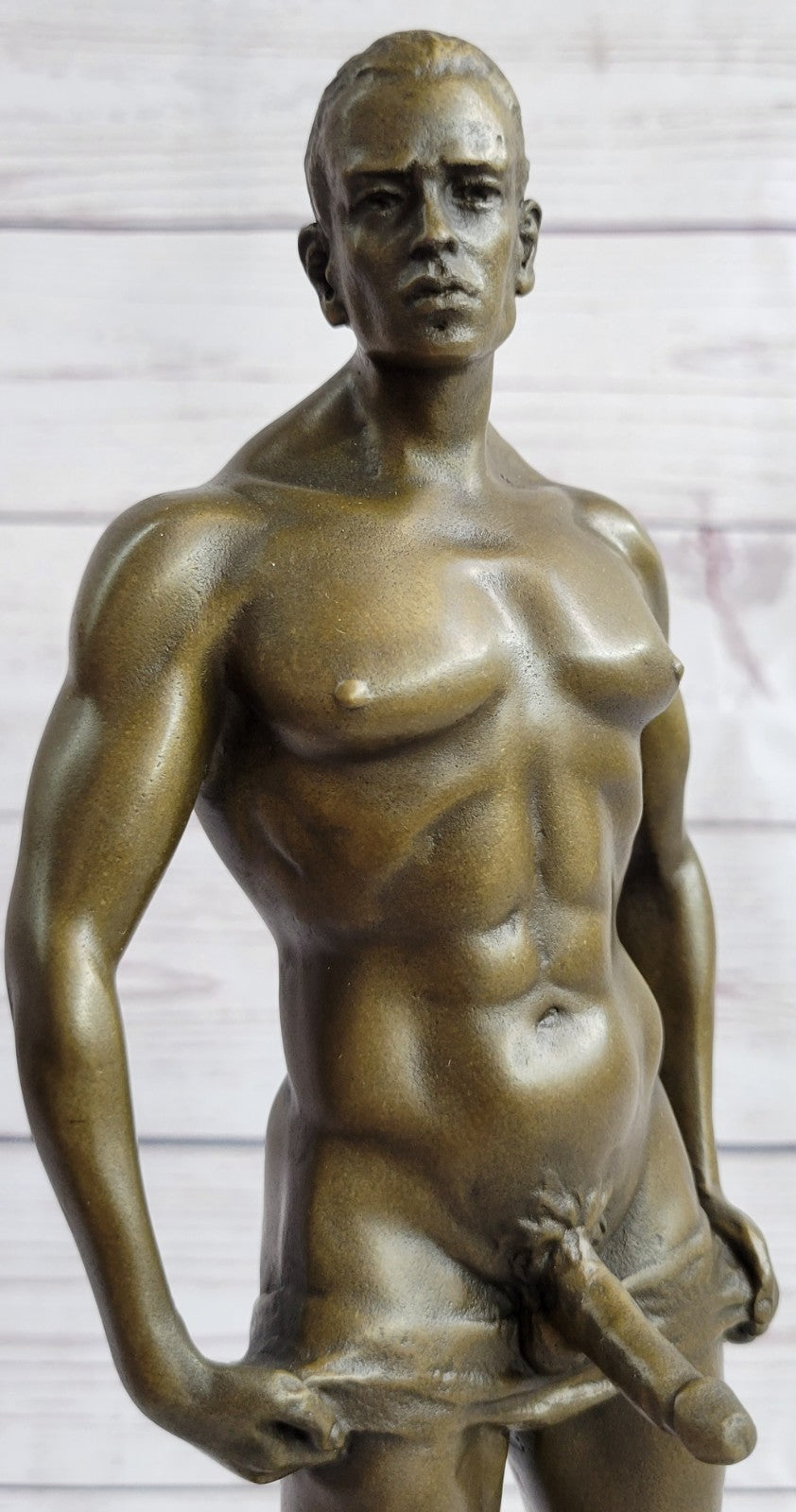 Signed Handcrafted Depict of Nude Gay Man Bronze Sculpture Marble Base Figurine