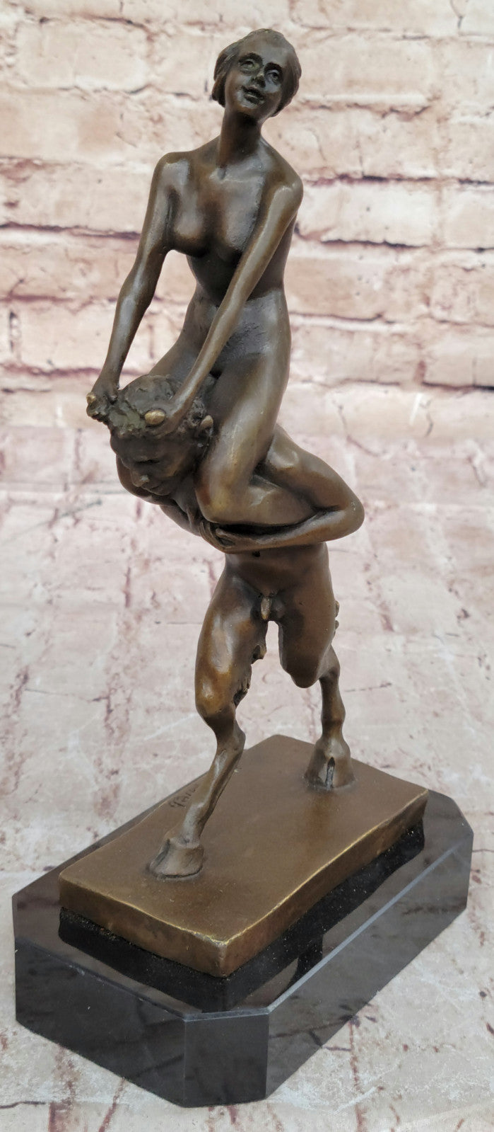 Signed Franz Bergman Bronze: Female & Satyr Erotic Nude Art, Handcrafted Figurine