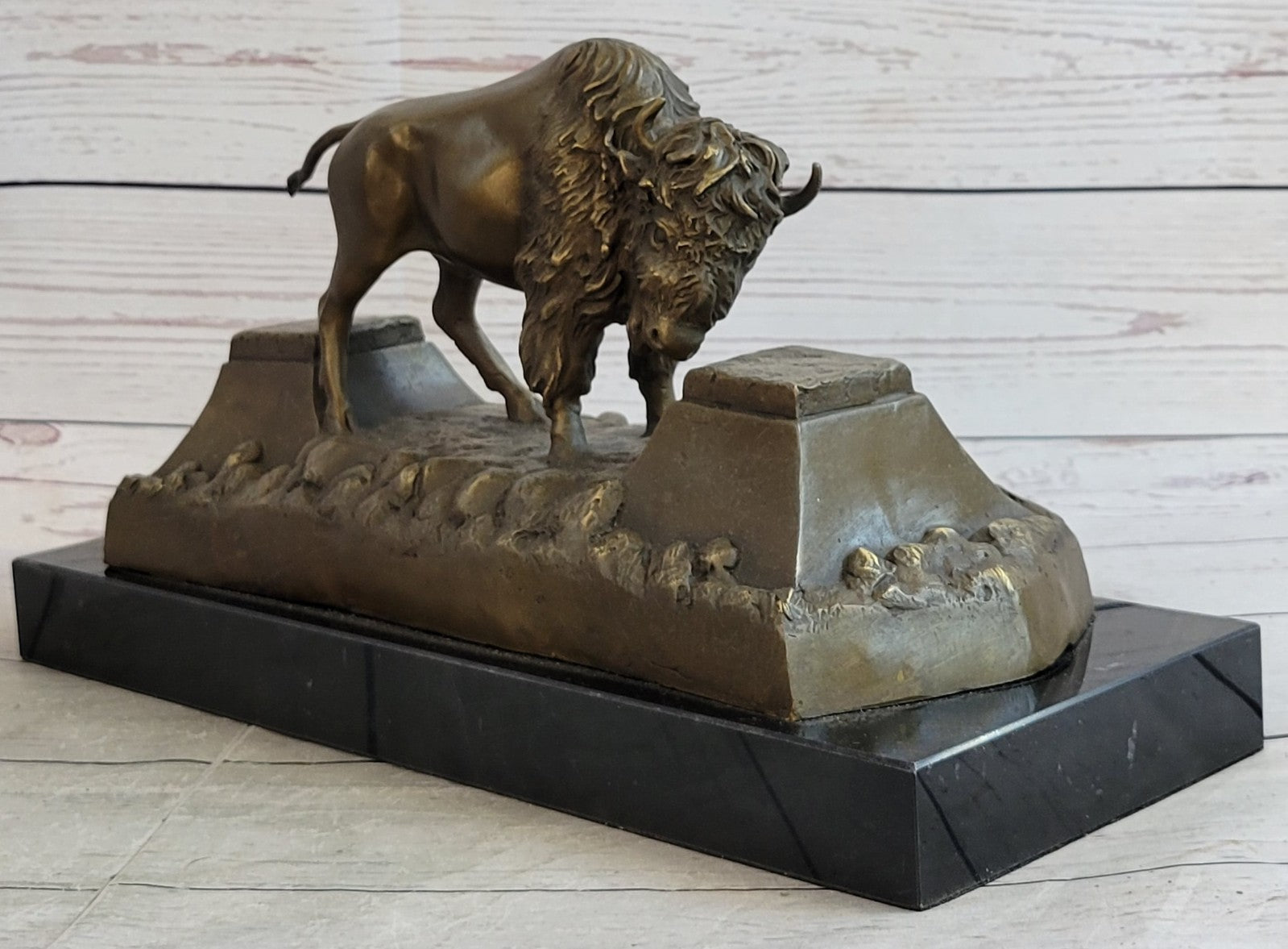 Large American Buffalo Bison Art Deco Sculpture Marble Base Figurine Figure SALE