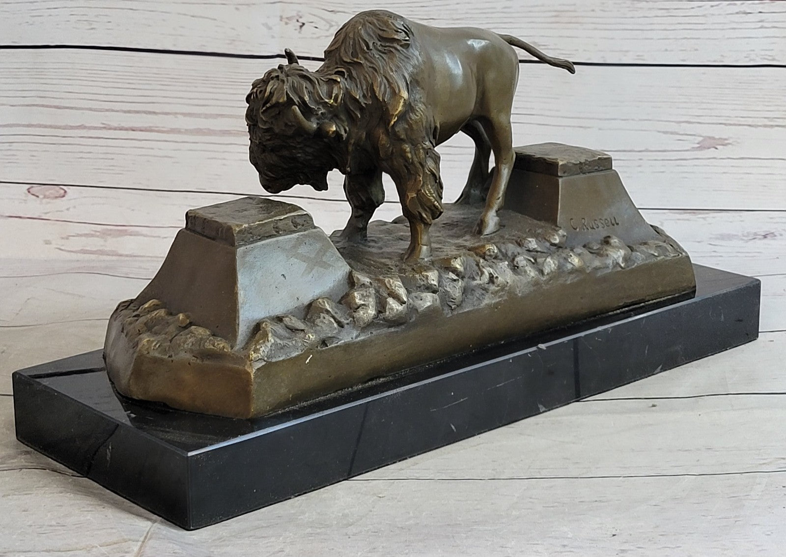 Large American Buffalo Bison Art Deco Sculpture Marble Base Figurine Figure SALE