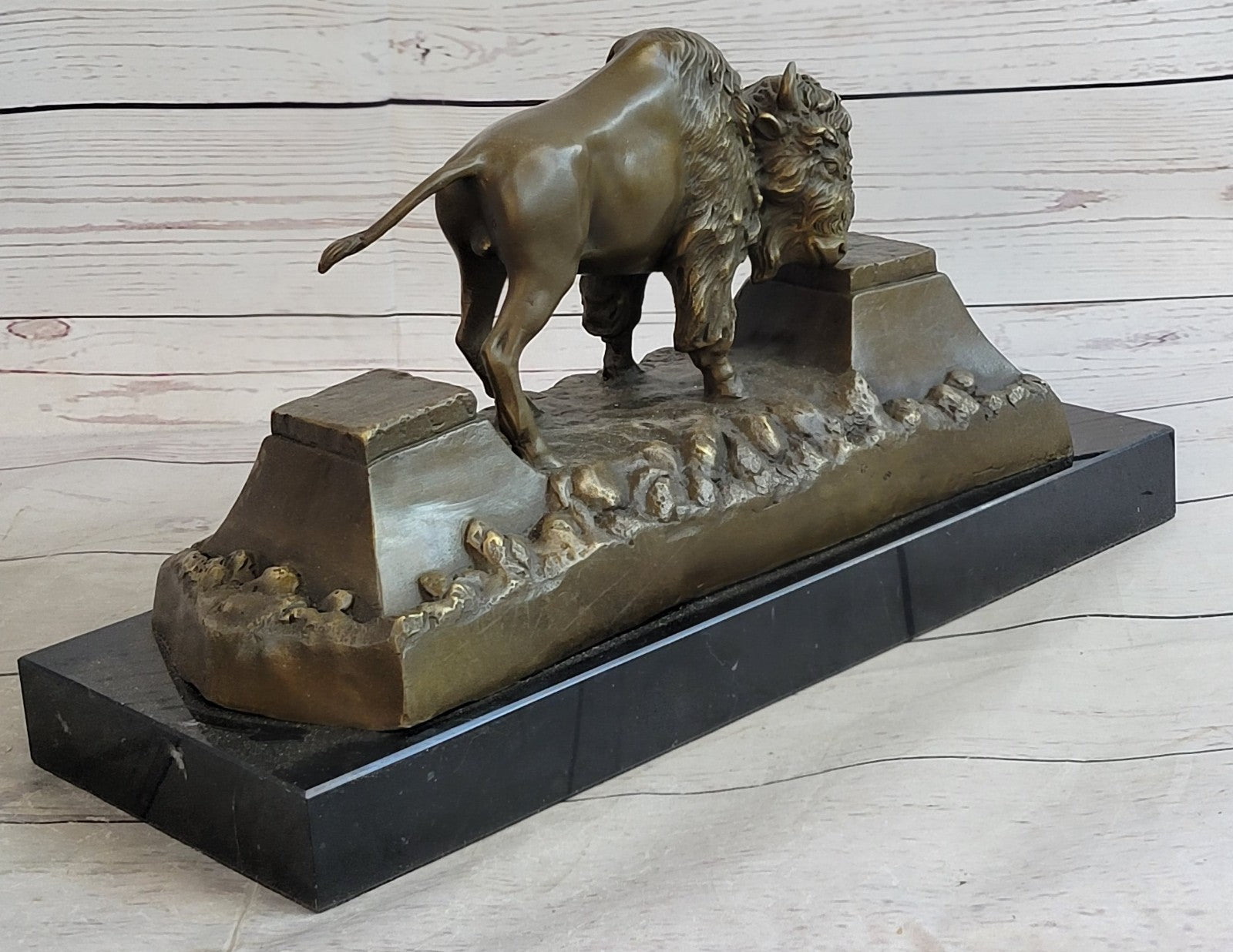 Large American Buffalo Bison Art Deco Sculpture Marble Base Figurine Figure SALE