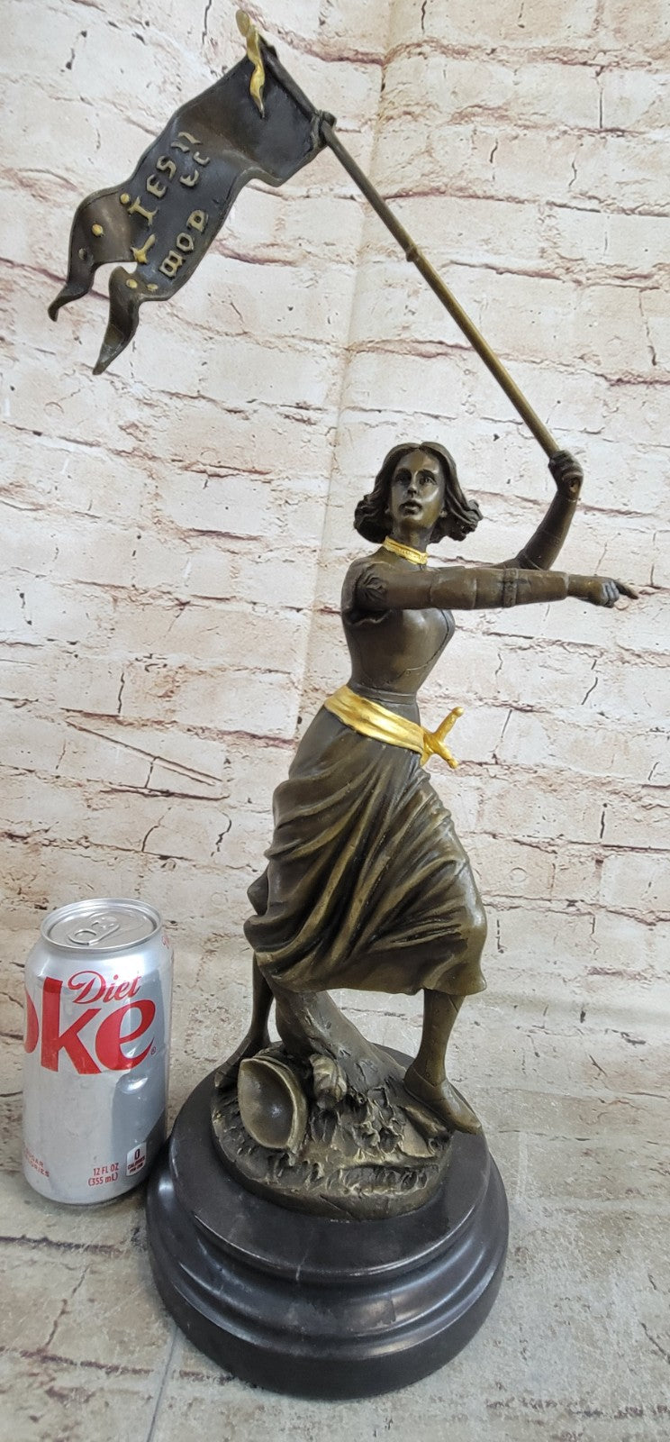 Collectible Handcrafted Joan Of Arc With Flag Bronze Sculpture Marble Base Deco