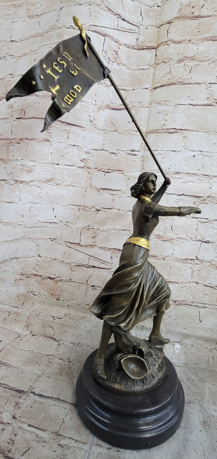 Collectible Handcrafted Joan Of Arc With Flag Bronze Sculpture Marble Base Deco