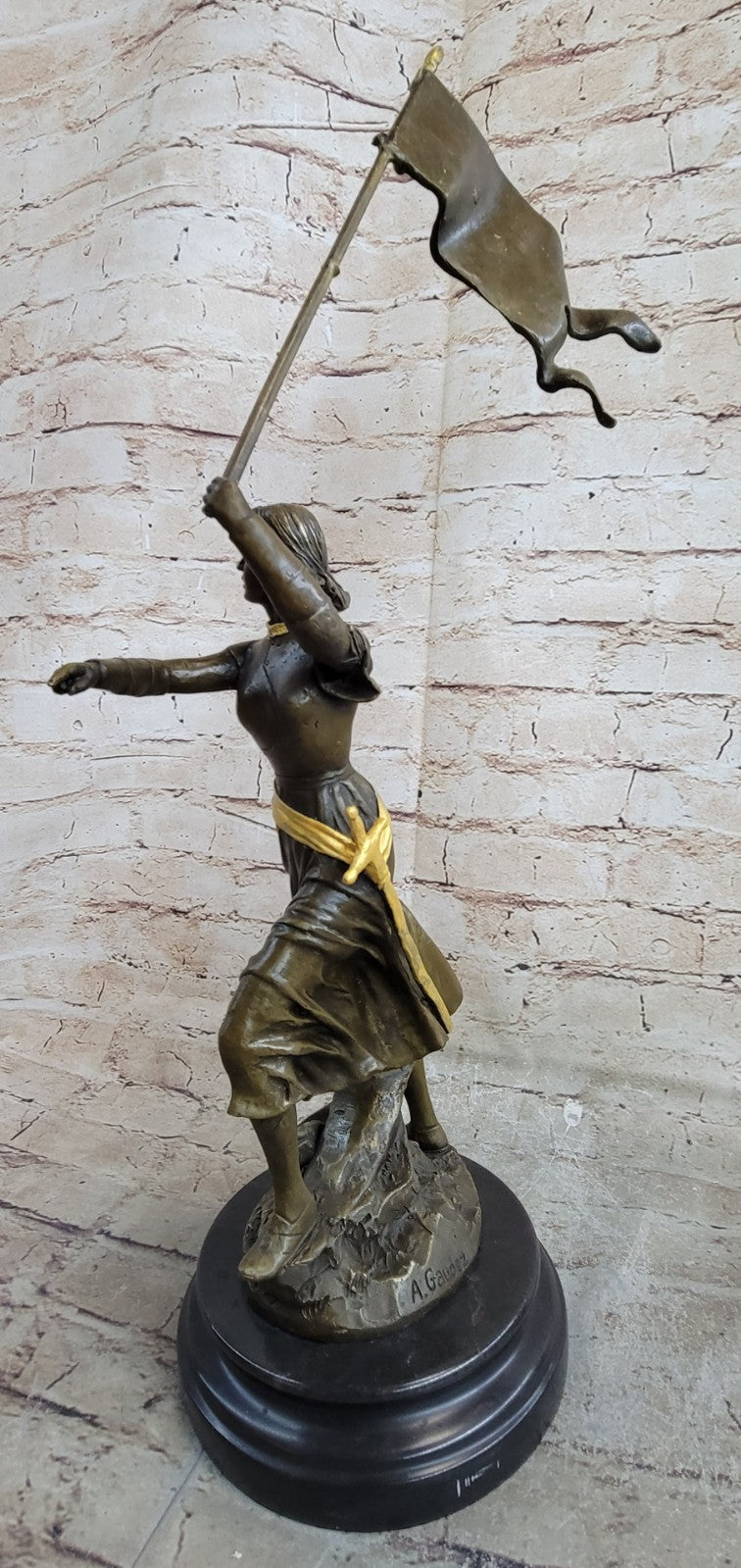 Collectible Handcrafted Joan Of Arc With Flag Bronze Sculpture Marble Base Deco