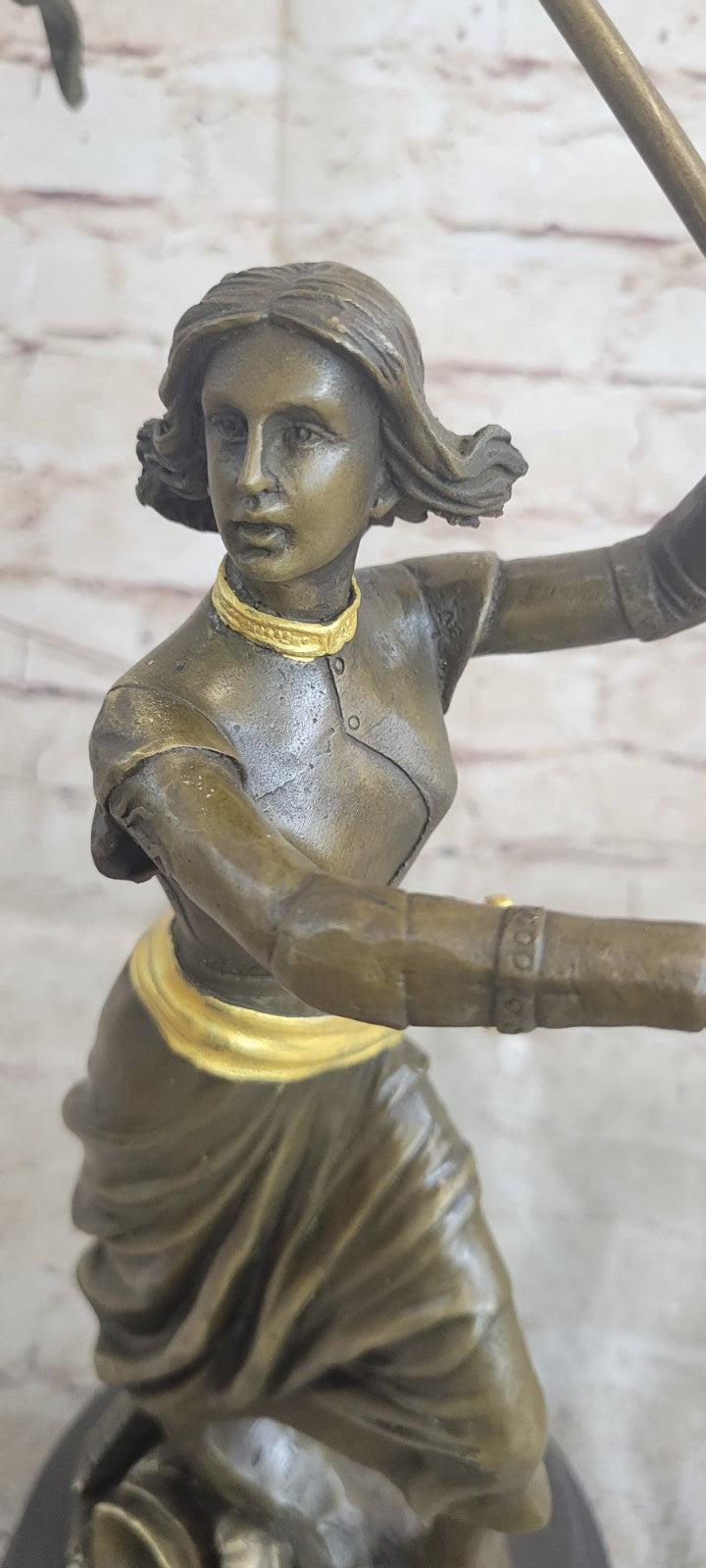 Collectible Handcrafted Joan Of Arc With Flag Bronze Sculpture Marble Base Deco