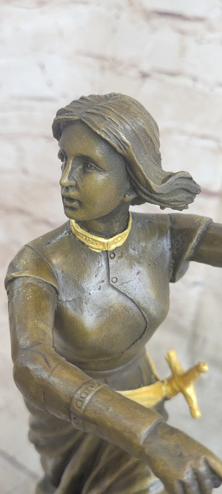 Collectible Handcrafted Joan Of Arc With Flag Bronze Sculpture Marble Base Deco