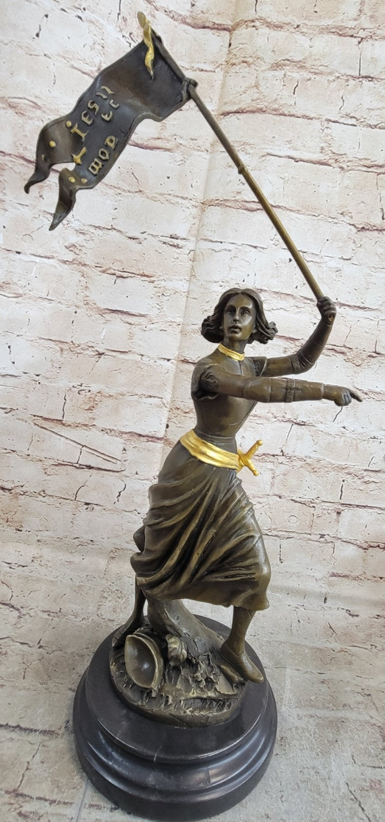 Collectible Handcrafted Joan Of Arc With Flag Bronze Sculpture Marble Base Deco