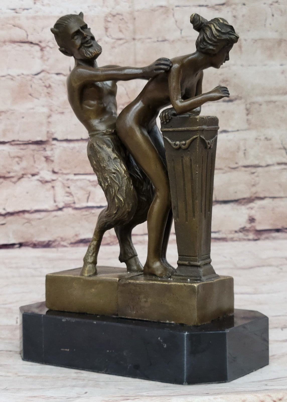 Signed Large Satyr and Nymph by Bergman Bronze Sculpture Marble Base Statue Nude